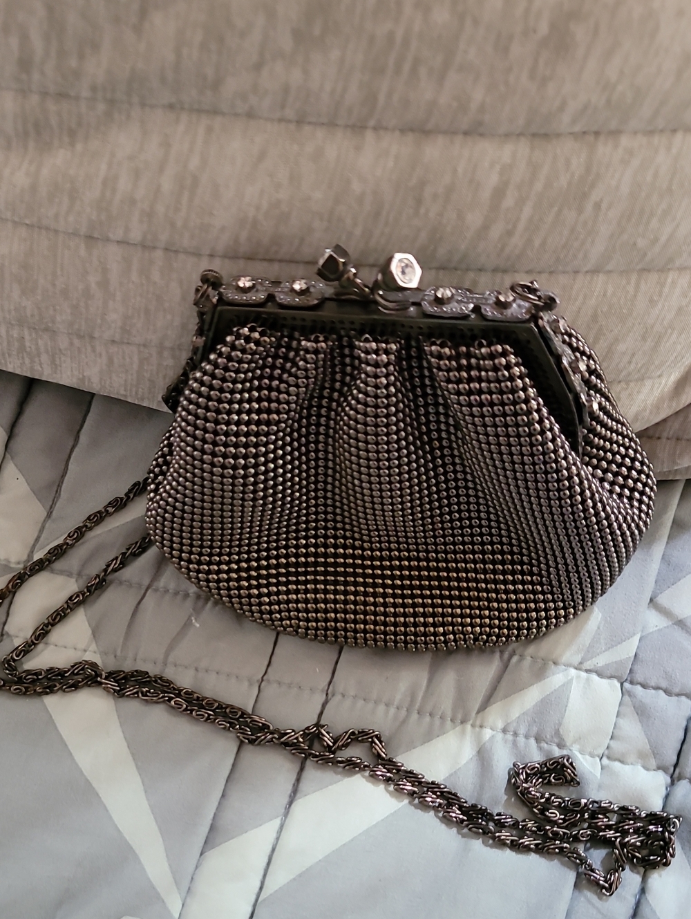Gunmetal Beaded with rhinestone Embellishment Evening Clutch with Chain Strap